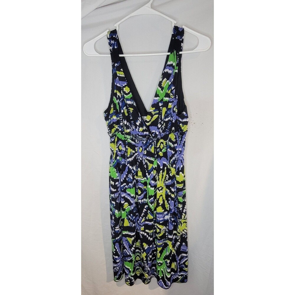 Women's Sleeveless Size 16 Dress Blue Green Black Floral V Neck Smocked Waist